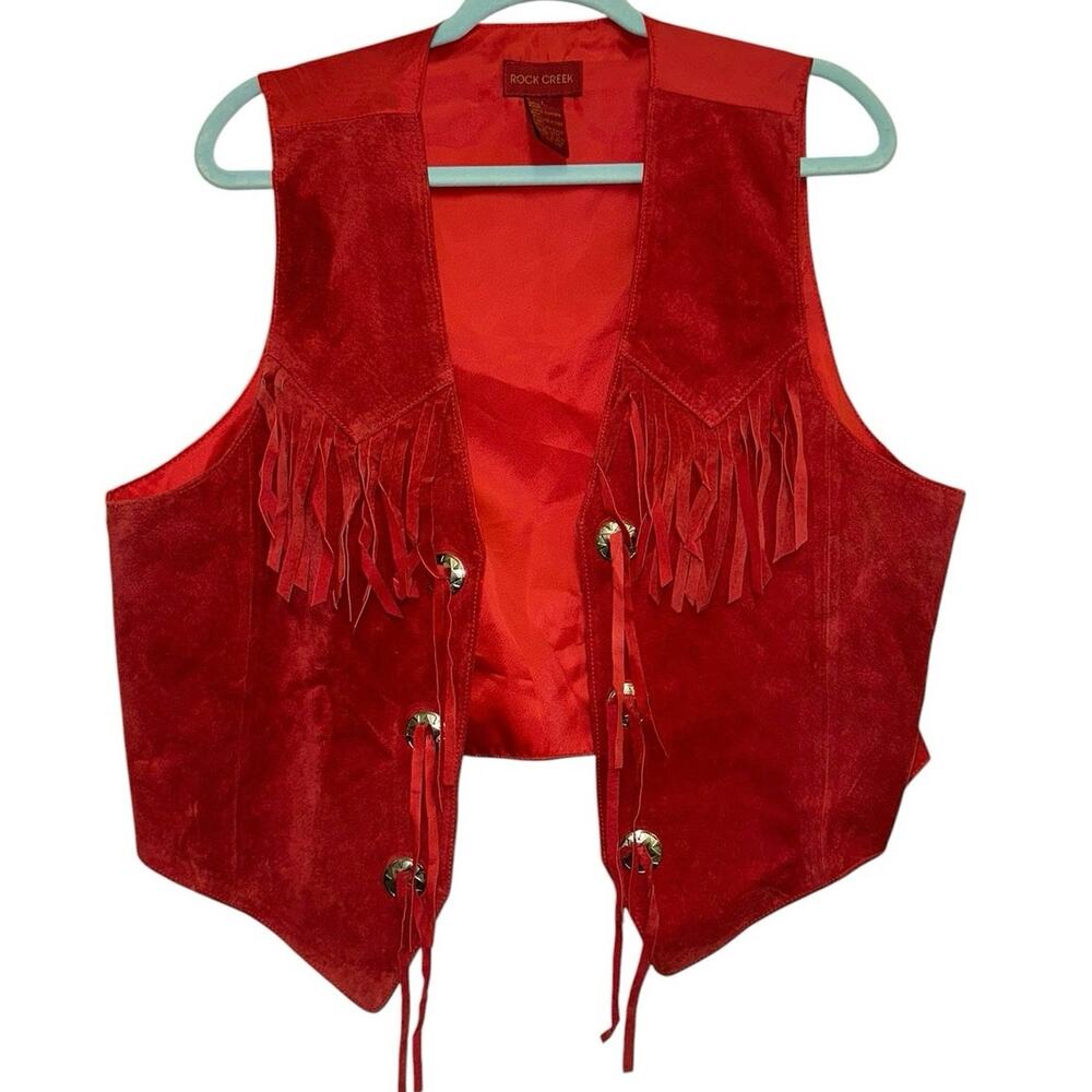 Vintage Rock Creek Red Suede Fringe Western Vest Leather Cowboy Boho